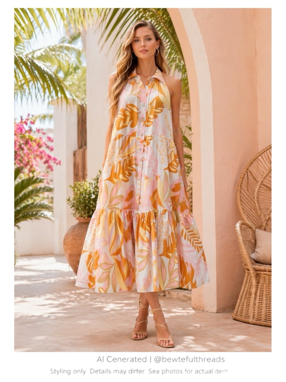 Tropical Linen Blend Tiered Midi Dress Resort Pockets Peachy M/L